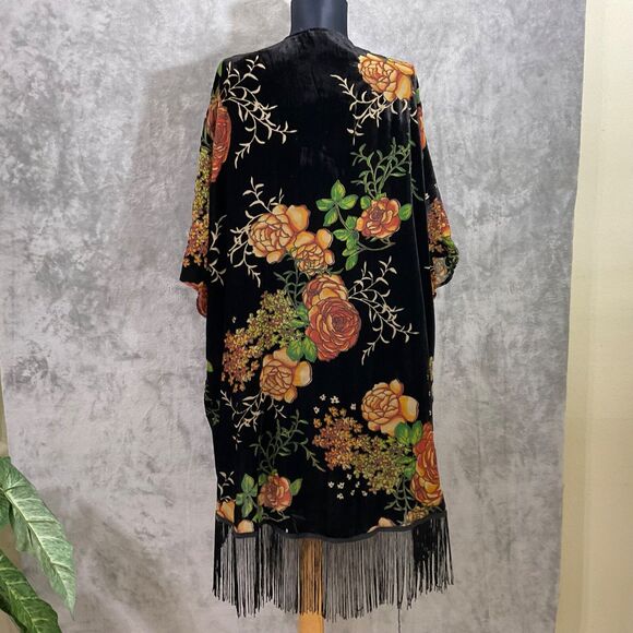 Daniel Rainn Women M Velour Boho Open Front Cardigan Kimono Topper Fringe gypsy - Picture 3 of 9